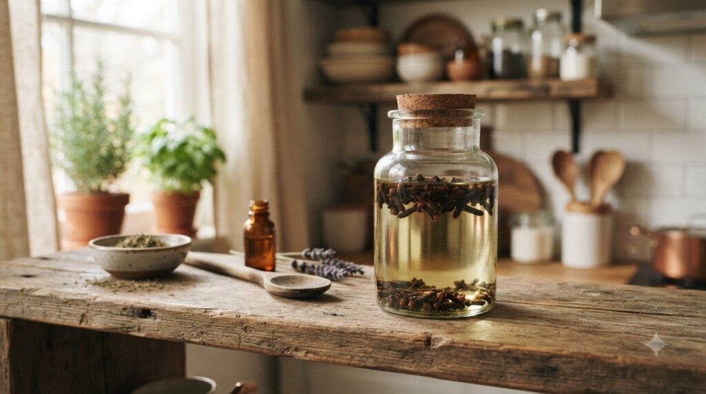 Close-up of whole cloves infusing in baby oil inside a clear glass jar placed on a wooden shelf in a softly lit rustic s