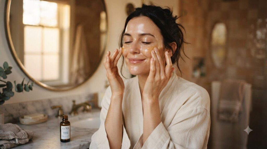 A woman gently massaging a small amount of Natural Botox Oil onto her face during her evening skincare routine with soft