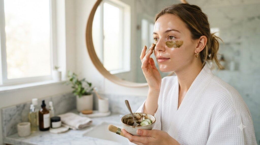 A person gently applying the DIY coffee cucumber under-eye mask to their under-eye area with their fingertips in a brigh