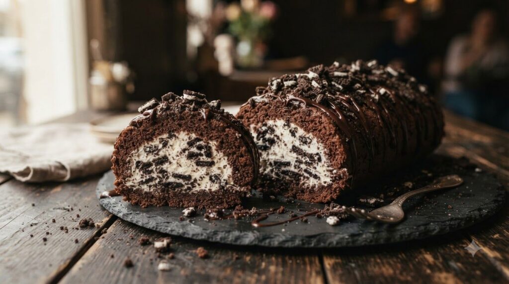 A chocolate cake roll filled with white cream and crushed Oreo cookies topped with more crushed Oreos and a drizzle of c