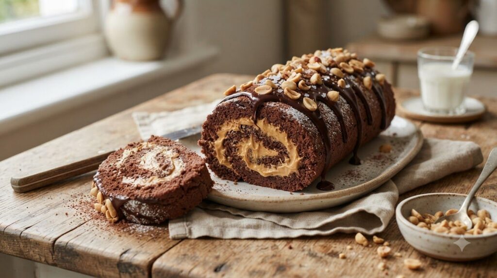 A chocolate cake roll with a thick peanut butter cream filling drizzled with melted chocolate and sprinkled with chopped