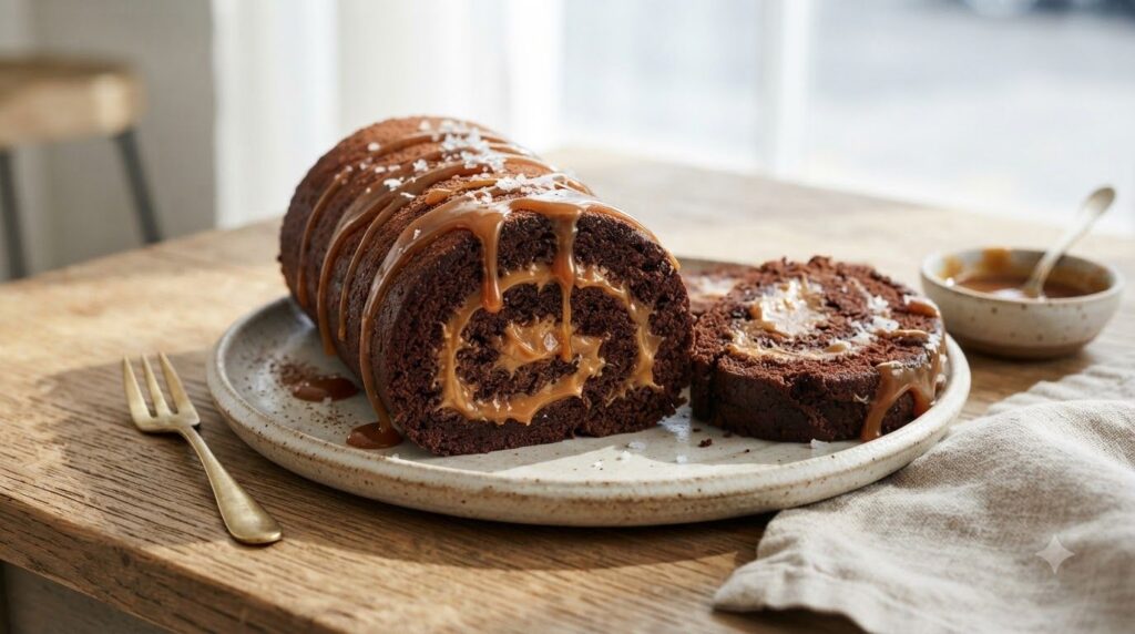 A chocolate cake roll with a creamy salted caramel filling drizzled generously with homemade salted caramel sauce and sp