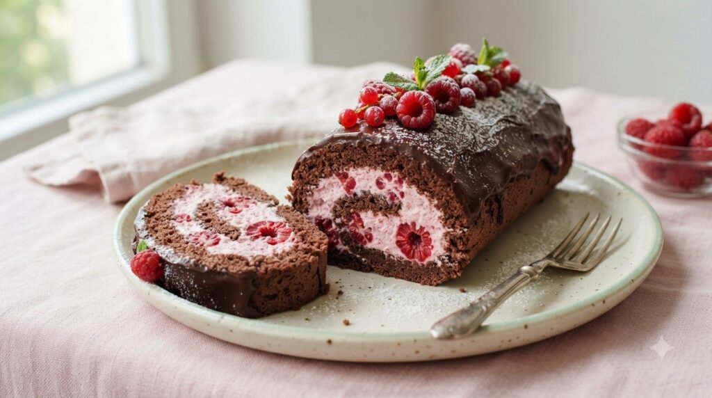 A chocolate cake roll with a light pink raspberry cream filling garnished with fresh whole raspberries and a dusting of 