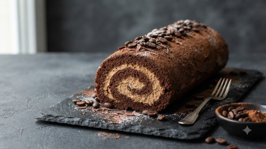 A chocolate cake roll with a coffee-infused cream filling dusted with cocoa powder and garnished with a few whole coffee