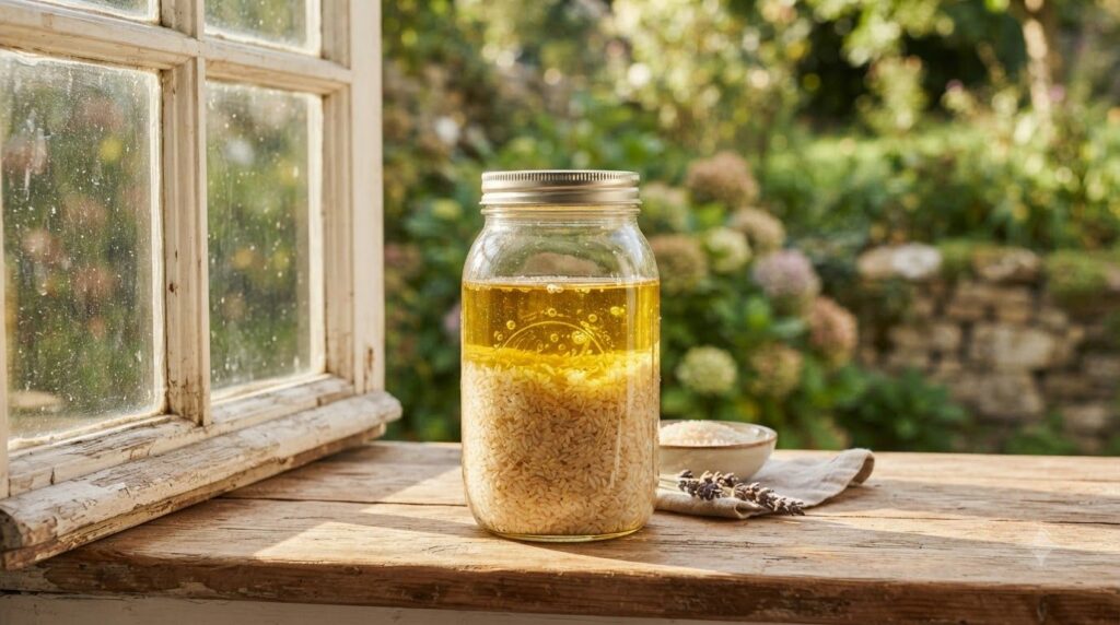 Close-up of a glass jar containing dried rice and carrier oil ready for infusion on a sunny windowsill