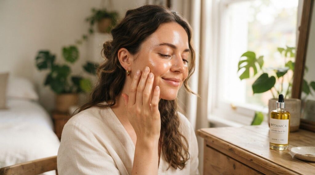 A woman gently massaging a few drops of facial oil into her cheek with a soft radiant glow on her skin natural lighting