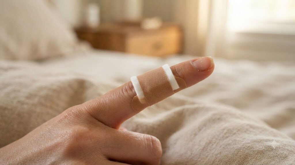 A close-up of a finger with a small bandage secured over a cotton pad indicating the overnight application of the wart r