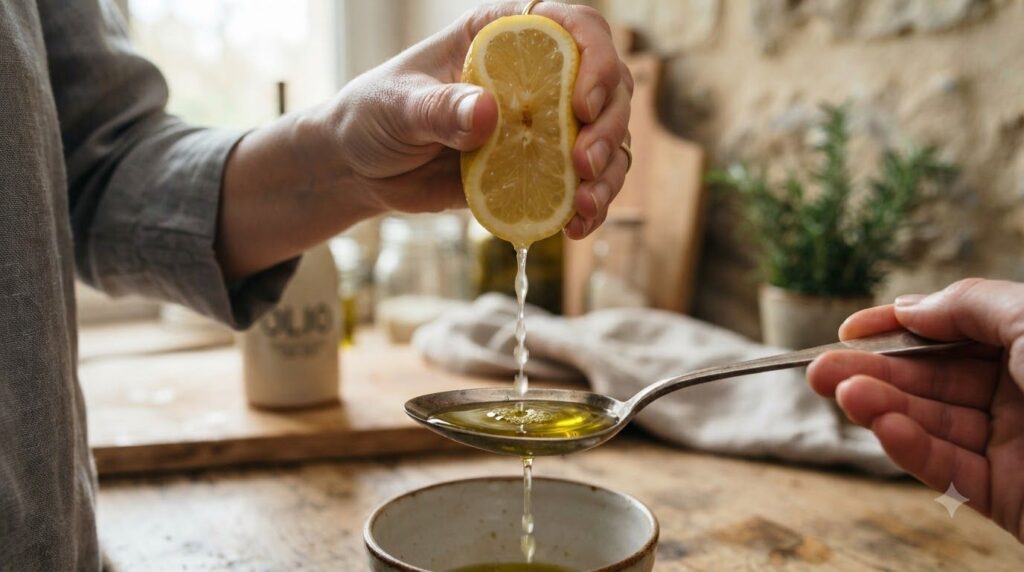 Close-up of a person s hand squeezing fresh lemon juice into a spoon with olive oil ready to be mixed