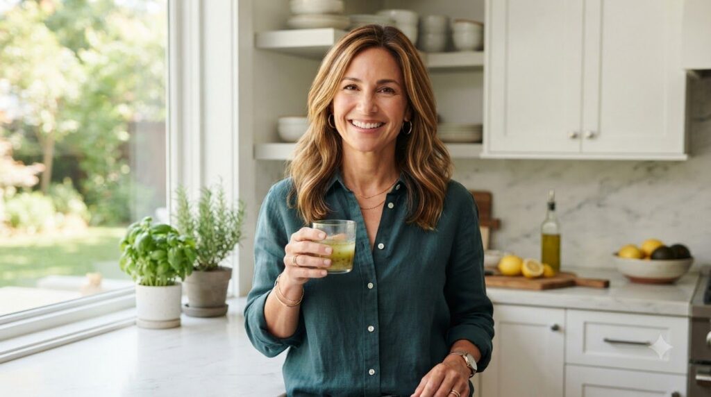 A woman holding a small glass with a lemon and olive oil mixture looking refreshed and healthy in a bright kitchen setti