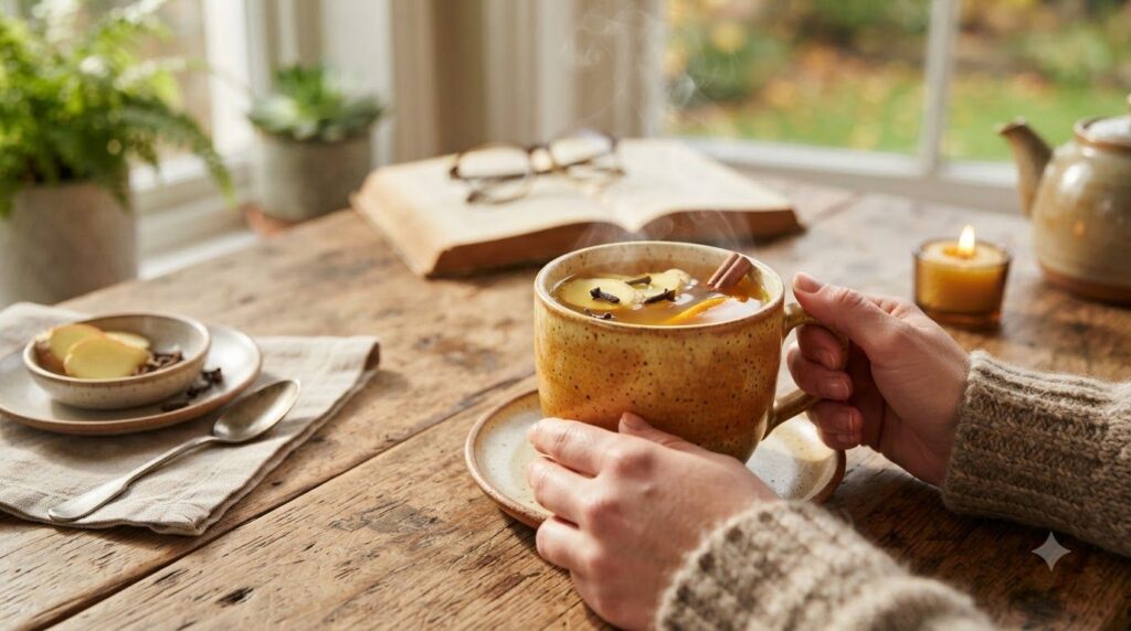 A close-up of a steaming mug of ginger and clove tea with fresh ginger slices and whole cloves visible perhaps with a le