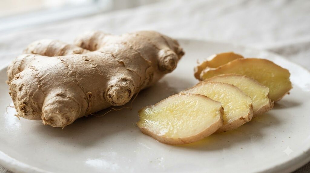 Fresh ginger root peeled and unpeeled alongside sliced pieces on a light background highlighting its texture and color