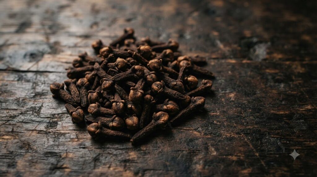 A small pile of whole dried cloves on a dark textured surface showcasing their distinctive shape and dark color