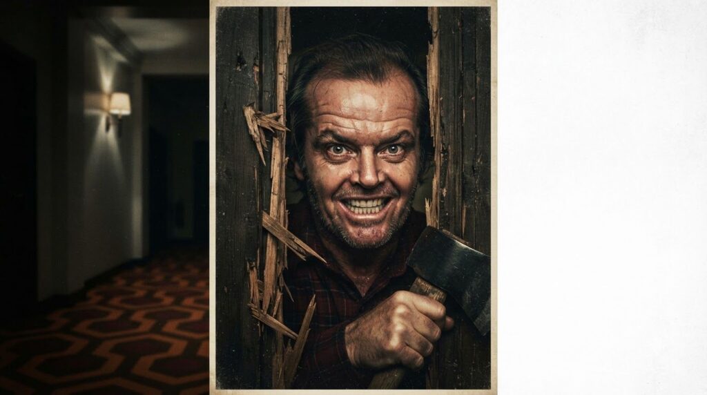 A movie poster for The Shining featuring Jack Nicholson s intense face peering through a broken door