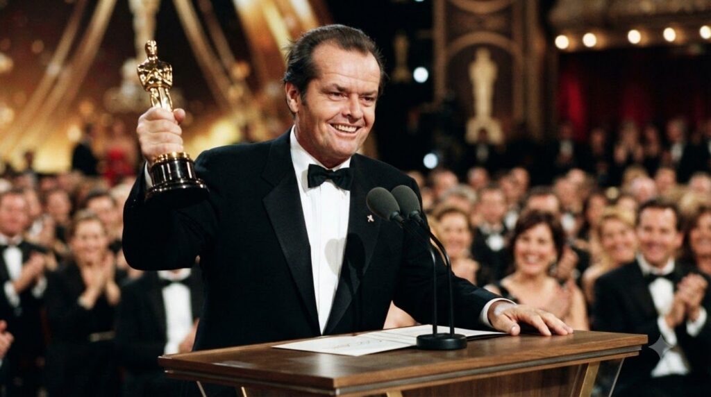 A photo of Jack Nicholson accepting an Academy Award smiling at the podium