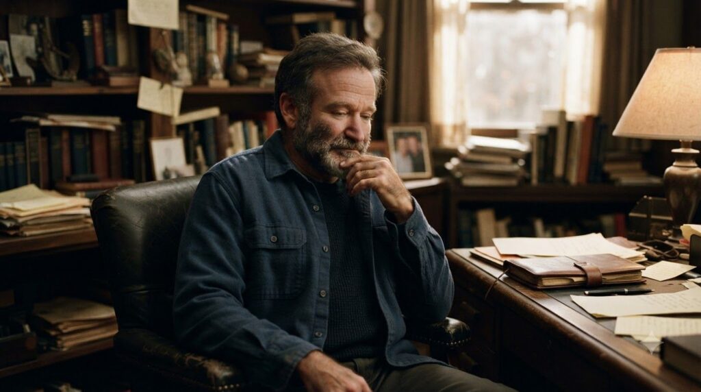 Robin Williams in a thoughtful serious pose from the movie Good Will Hunting perhaps sitting in a therapist s office