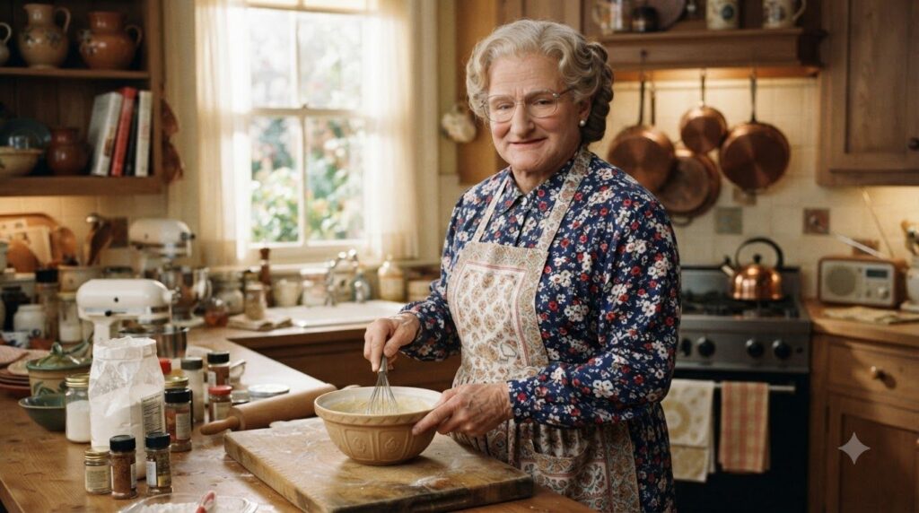Robin Williams dressed as Mrs Doubtfire wearing an elaborate dress wig and makeup smiling warmly
