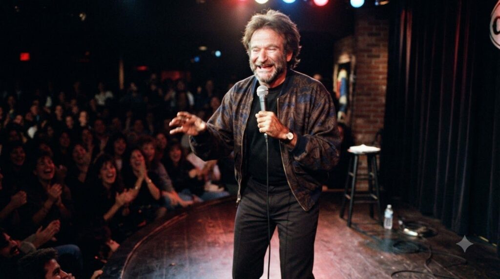 Robin Williams performing stand-up comedy on stage holding a microphone and looking out at the audience with an animated