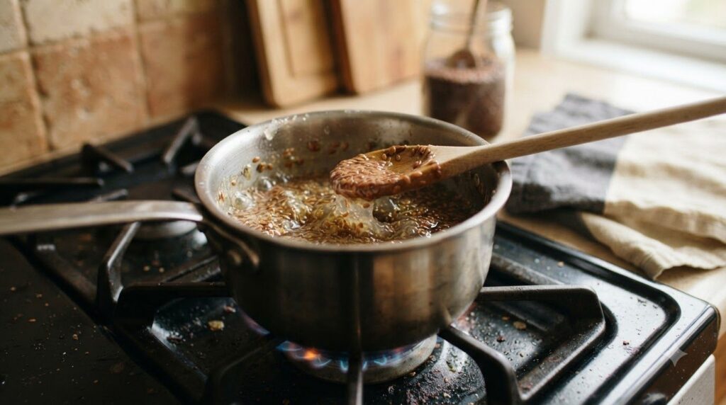 A close-up of a saucepan on a stovetop with flaxseeds simmering in water showing a developing gel-like consistency with