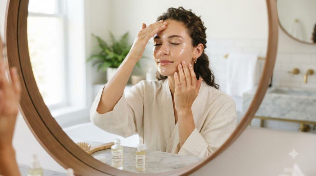 A woman gently applying the translucent flaxseed and baby oil gel to her face focusing on her cheeks and forehead with a