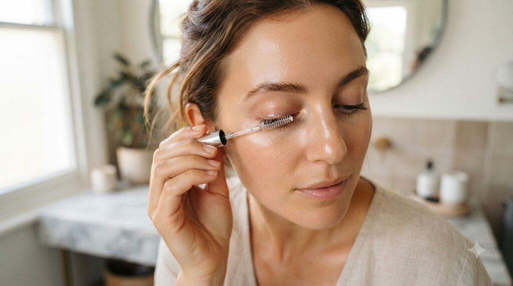 A woman gently applying a natural lash serum to her eyelashes using a clean mascara wand with soft focused lighting on h