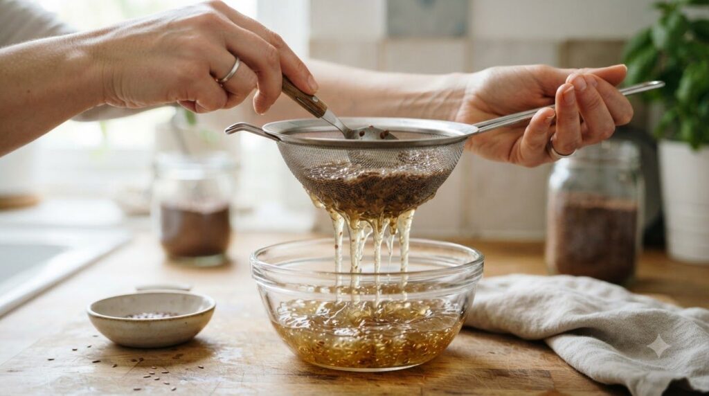 A person carefully straining a flaxseed gel mixture through a fine-mesh sieve into a glass bowl showing the translucent 