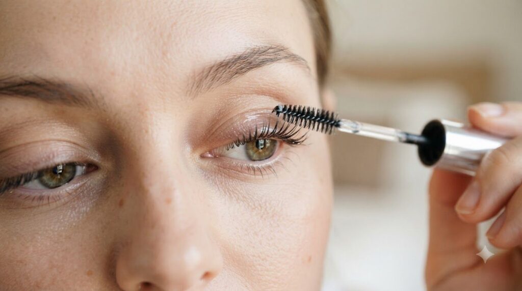 Close-up of a woman s eye with a clean mascara wand gently applying a clear serum to her upper eyelashes