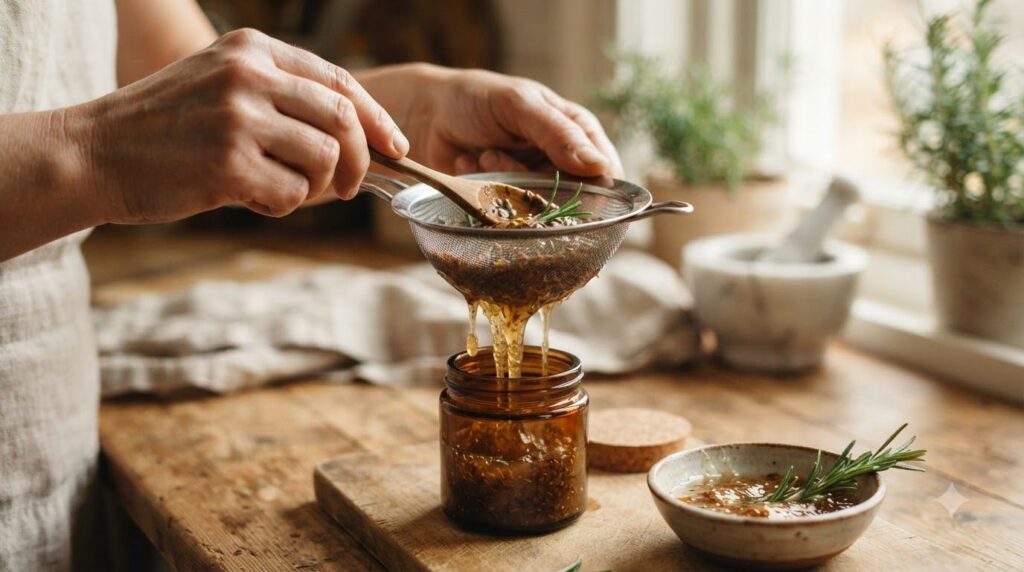 Hands using a fine mesh sieve to strain the flaxseed and rosemary gel mixture into a small glass container with steam ge