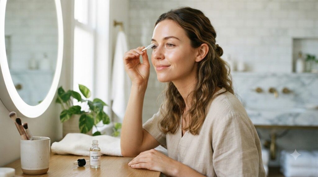 A woman gently applying the flaxseed rosemary lash gel to her upper lashes with a clean spoolie brush in a soft focus ba