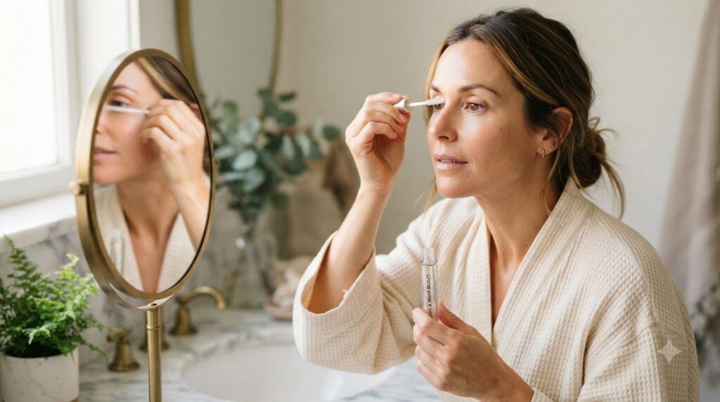 A woman carefully applying homemade eyelash serum to her upper lashes with a clean mascara wand