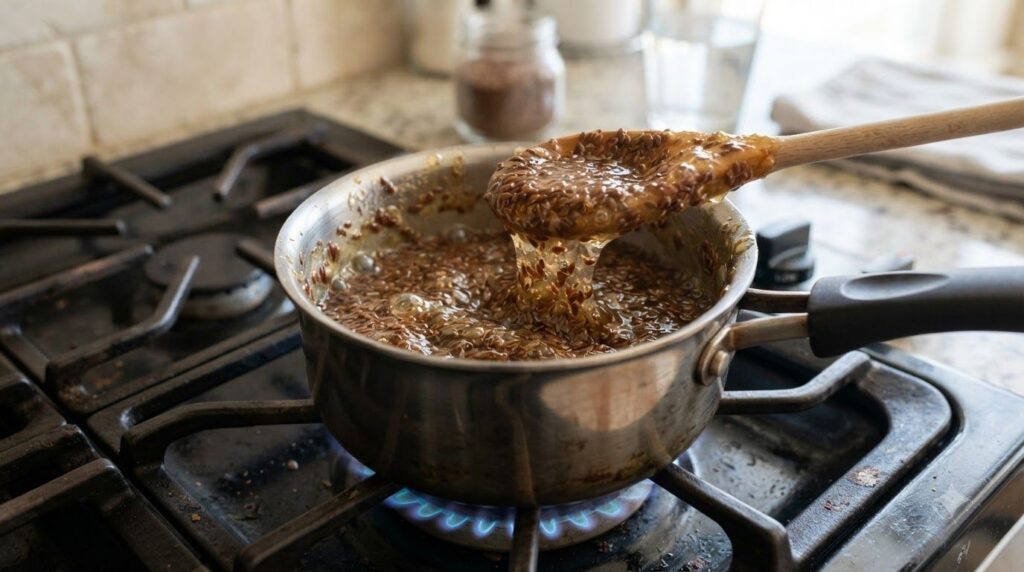 Flaxseeds simmering in water in a small saucepan forming a gel-like consistency