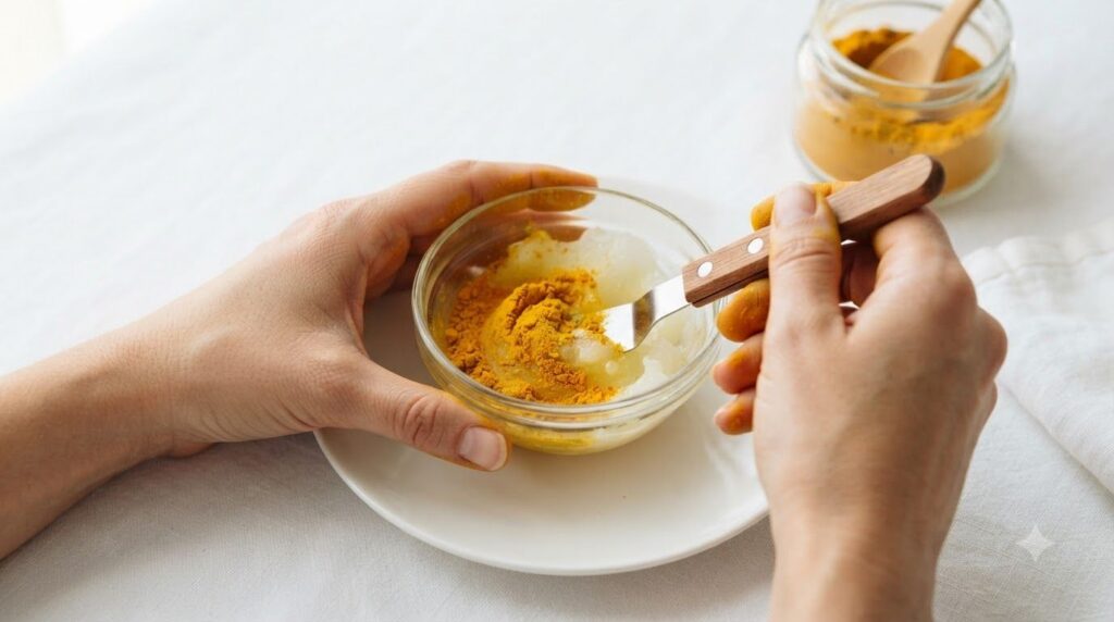 A person s hands gently stirring turmeric powder into melted Vaseline in a small glass bowl with a mini spatula