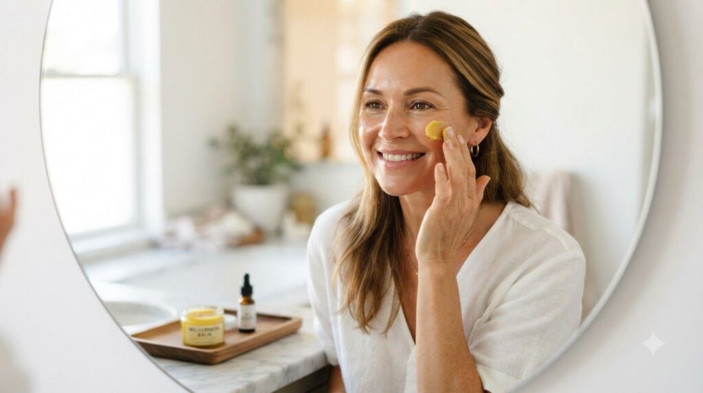 A woman in her 40s gently applying a small amount of yellow balm to her cheek with her fingertips smiling softly in a we