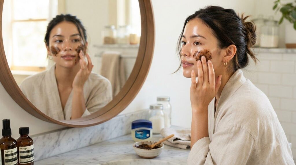 Woman gently applying the Vaseline and coffee mask to her face with her fingertips in a well-lit bathroom looking into a