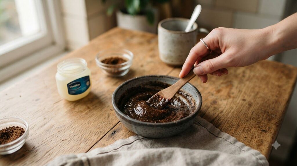 Close-up of a hand mixing Vaseline and instant coffee powder in a small bowl with a spatula creating a smooth dark paste