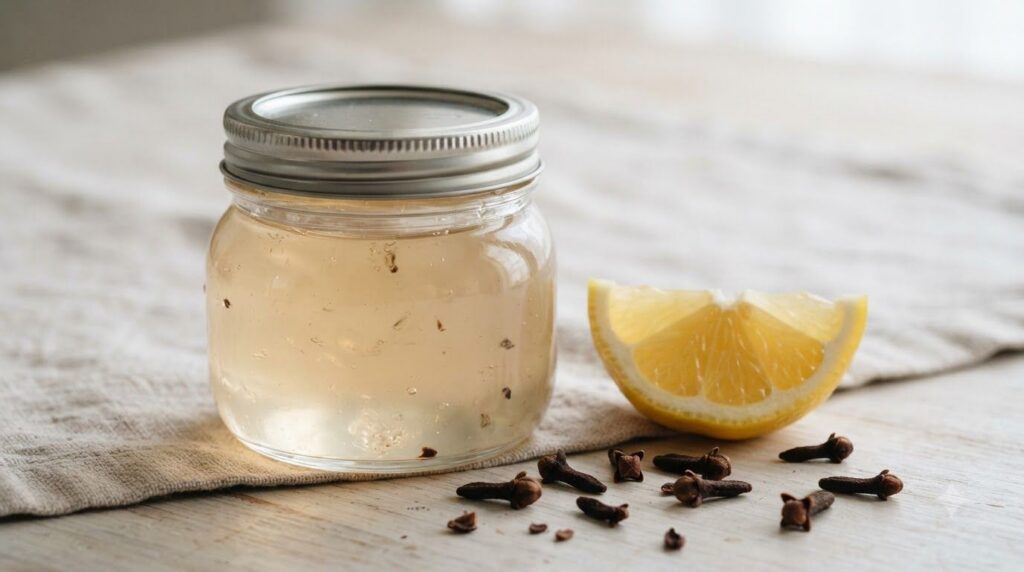A close-up of a homemade beauty gel with a smooth texture in a small glass jar with fresh cloves and a lemon wedge nearb