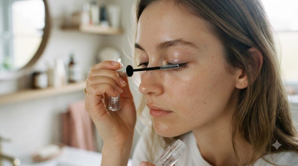 A person s hand applying a clear lash serum to their upper lash line with a mascara wand with their eye slightly closed 