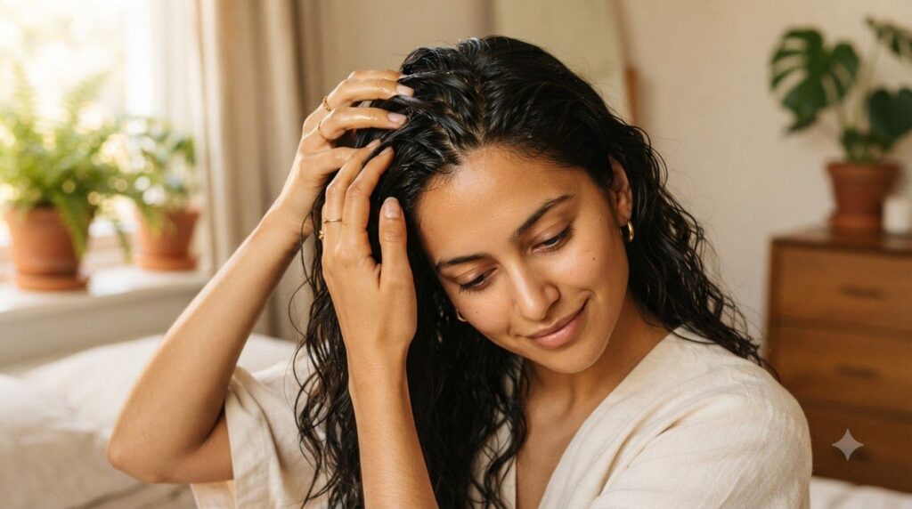 A woman gently massaging herbal hair oil into her scalp and hair with her fingertips showing a close-up of her hands and