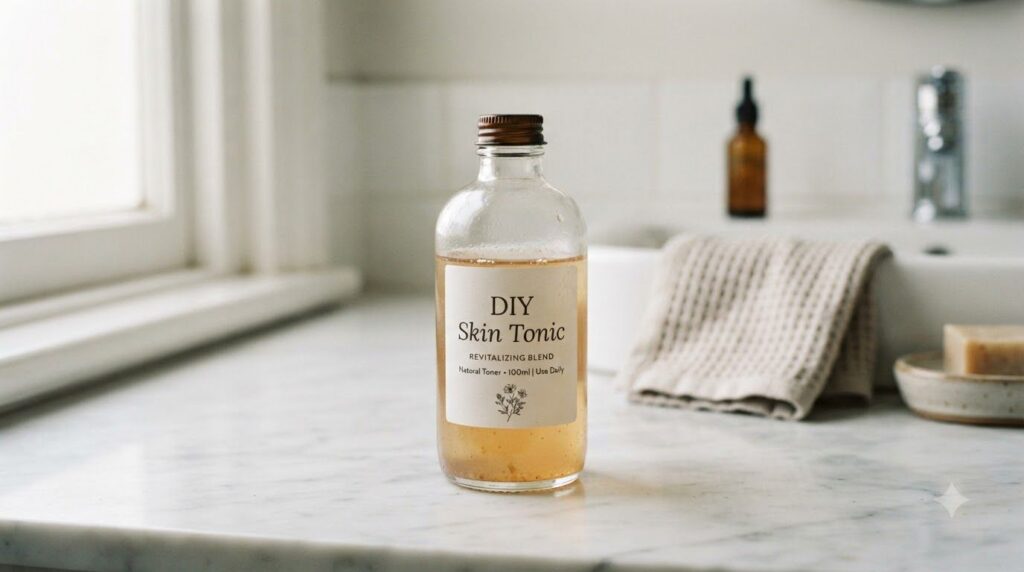 A clear glass bottle filled with a light amber-colored liquid labeled DIY Skin Tonic against a blurred background of a b