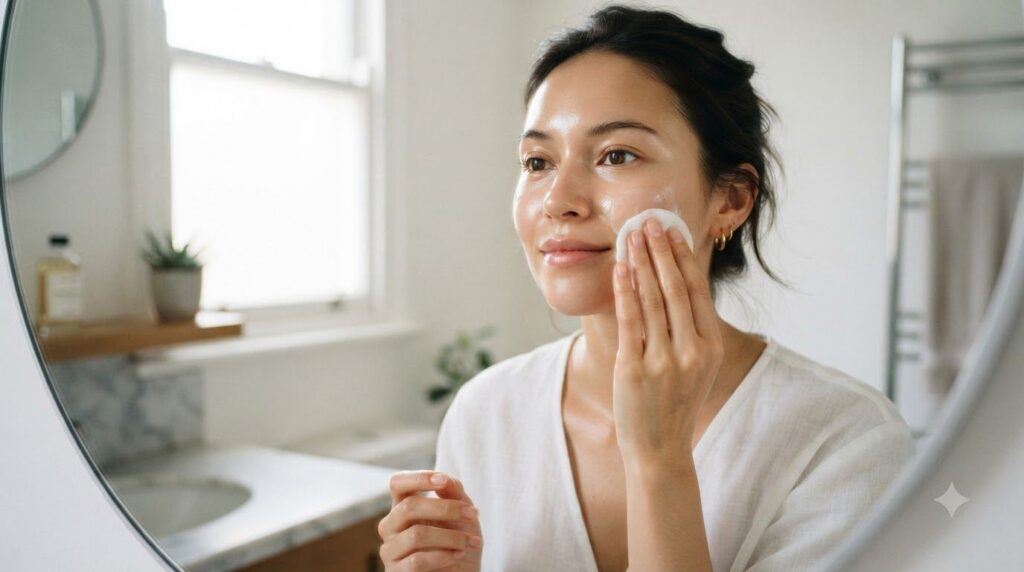 A woman gently patting a clear liquid onto her clean face with a cotton pad demonstrating the application of a skin toni