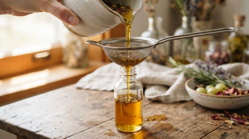 A close-up shot of herbal hair oil being strained through a fine-mesh sieve into a glass bottle after cooling showing th