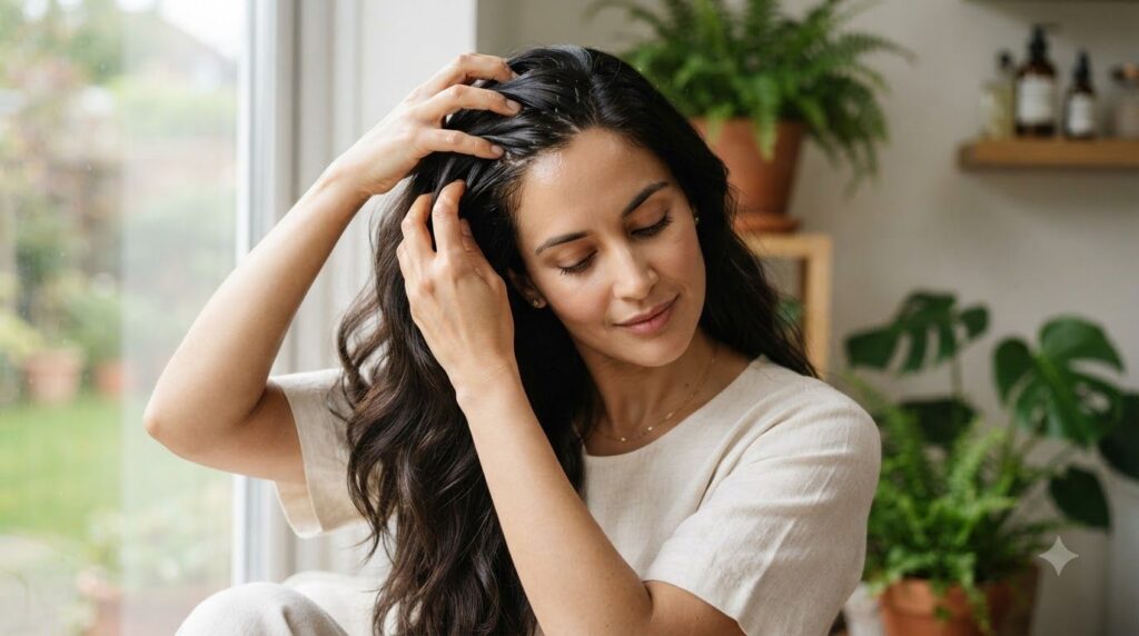 A woman with shiny healthy-looking hair gently applying the herbal oil to her scalp with her fingertips demonstrating th