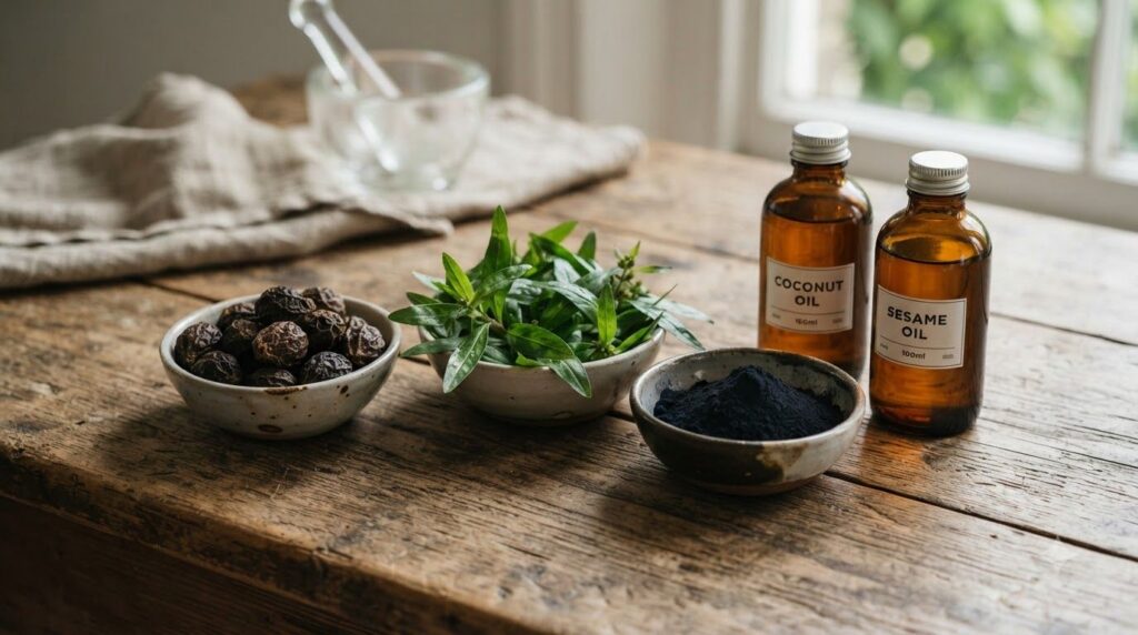 A collection of natural ingredients commonly used in hair care such as Amla Bhringraj leaves and various carrier oils in