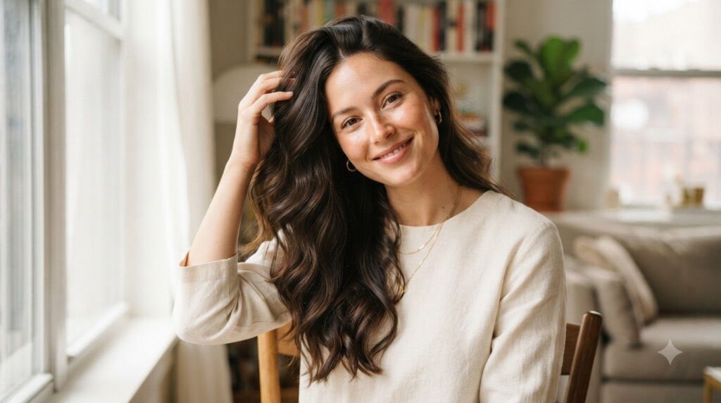 A woman with healthy shiny hair gently touching her hair conveying a sense of satisfaction and natural beauty