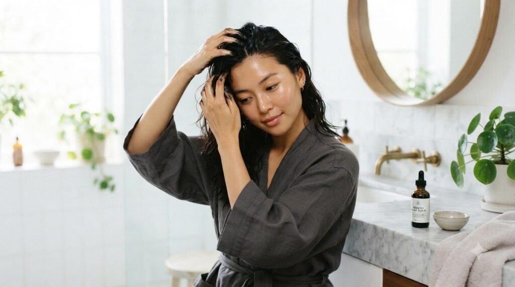 A woman gently massaging the black oil into her scalp and hair roots demonstrating the application process in a bathroom