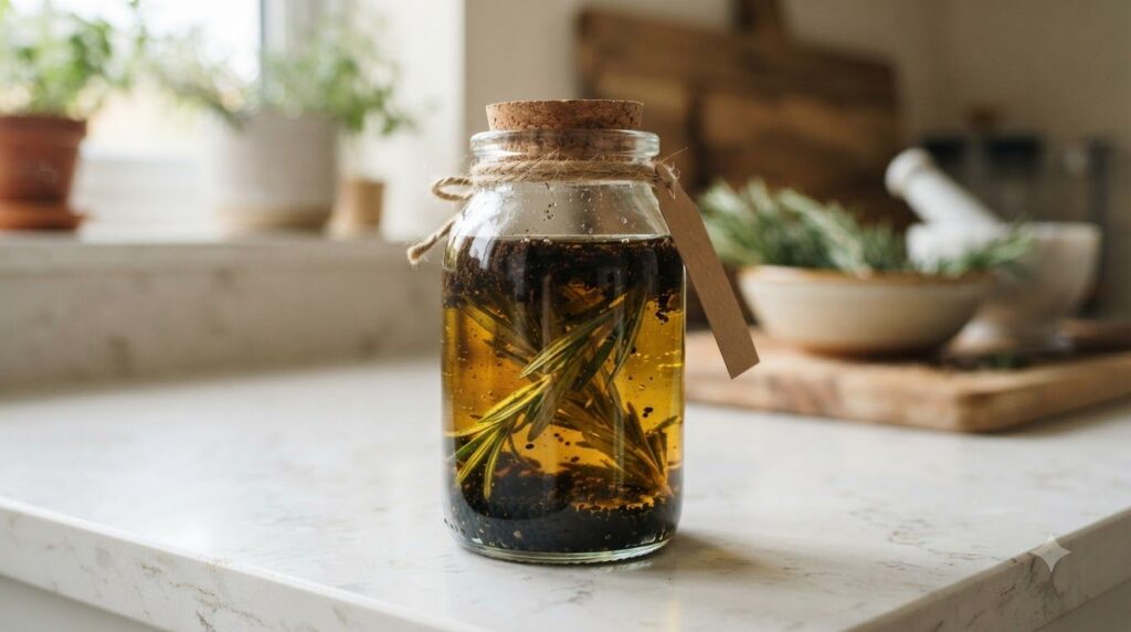 Close-up of a glass jar containing nigella seeds coffee grounds and rosemary sprigs submerged in a golden carrier oil si
