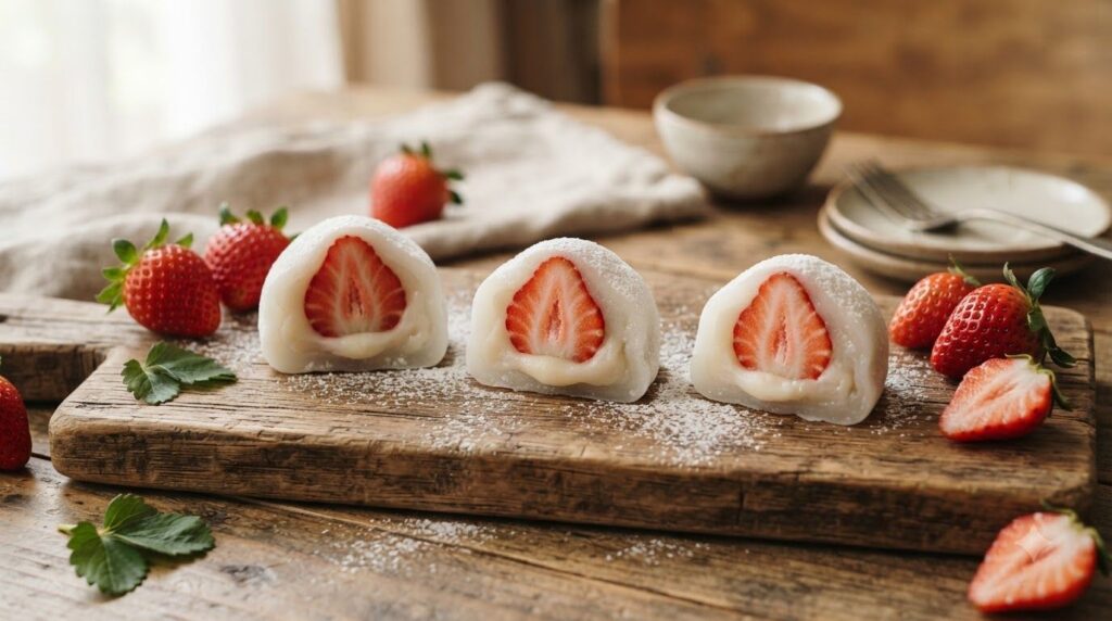 Three glossy white mochi lightly dusted with cornstarch each revealing a whole fresh red strawberry tucked inside with a