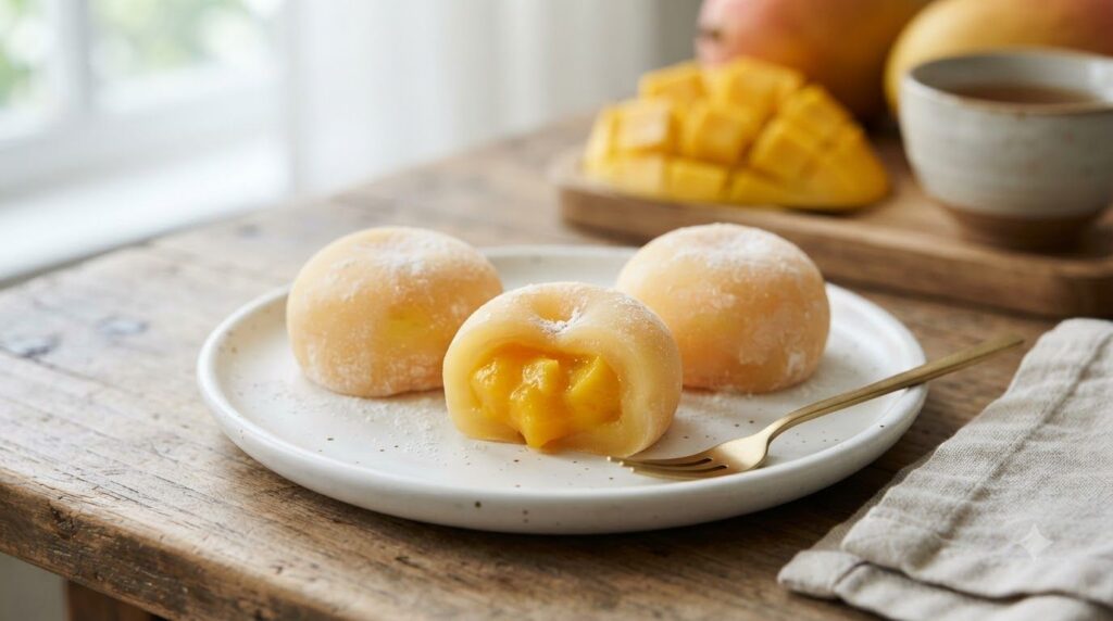 Three perfectly round mango mochi dusted lightly with cornstarch revealing a peek of the yellow mango filling inside The