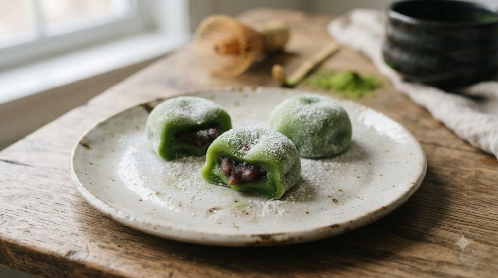 Three vibrant green matcha mochi dusted with cornstarch revealing a glimpse of dark red bean paste filling They are artf