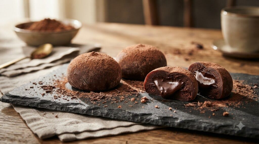 Three dark brown chocolate mochi lightly dusted with cocoa powder with a creamy chocolate ganache filling visible in one