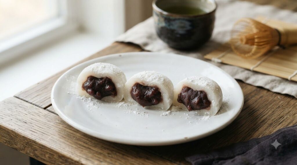 Three soft round white mochi lightly dusted with cornstarch each revealing a generous filling of sweet red bean paste Th